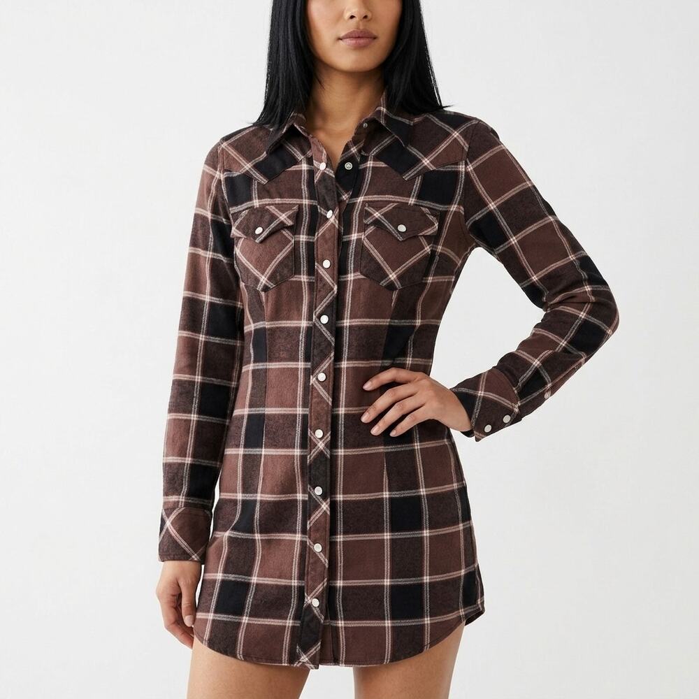 True Religion World Brown Shirt Dress Short Women Size XS